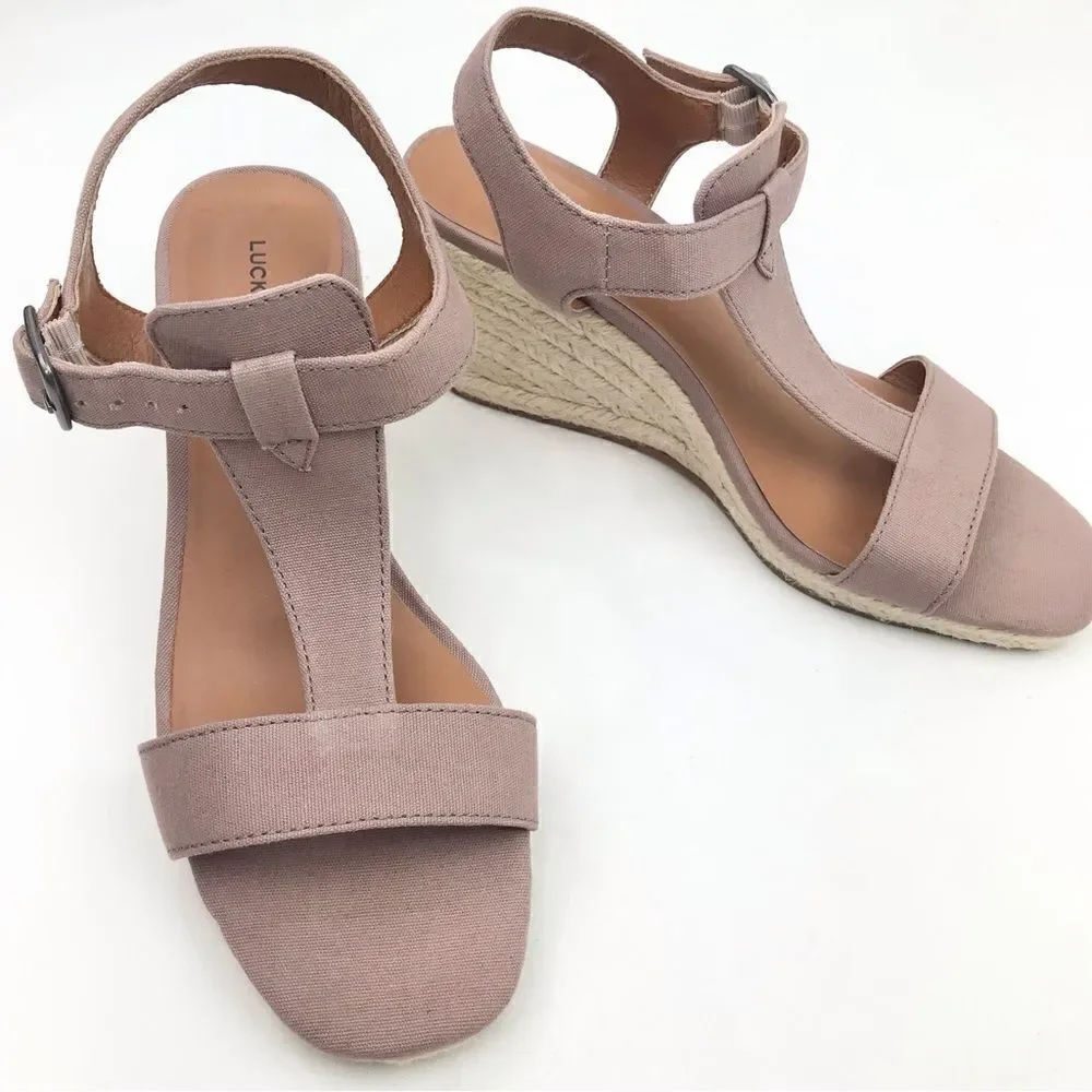 Lucky Brand Millinda Pink Espadrille T Strap Wedge Sandal in Antler Canvas